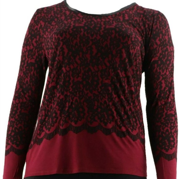Kelly Clinton Kelly Printed Lace Jersey Scoop Top Satin Trim Wine M NEW - Picture 2 of 8